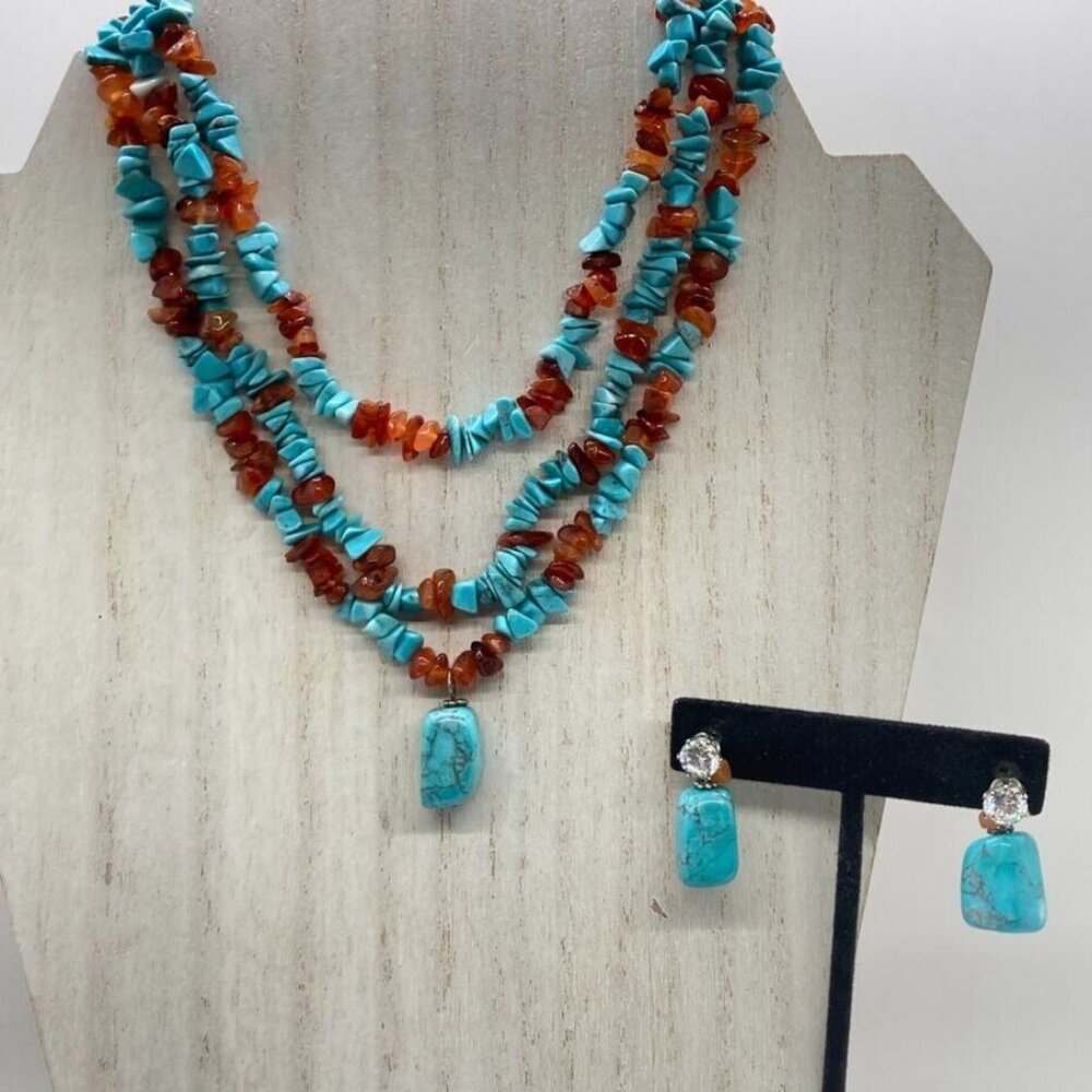 Multi Strand Blue Howlite Carnelian Agate Chips 15" Necklace Pierced Earrings